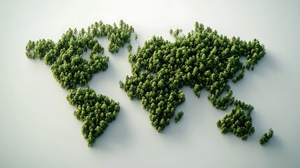 A global map of the world made out of trees, angled view, on white background