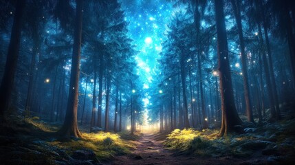 Fototapeta premium A mystical forest illuminated by glowing lights and a starry sky, inviting exploration.