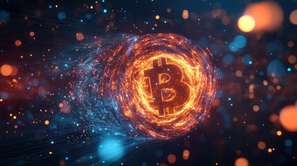 Fiery Bitcoin symbol in swirling energy vortex.
