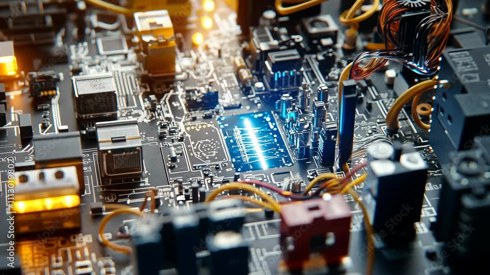 Poster close-up view of a circuit board with glowing components and intricate wiring at an electronic works