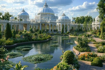 Sprawling palace with silver domes, manicured green gardens, and tranquil ponds surrounded by flowering plants.