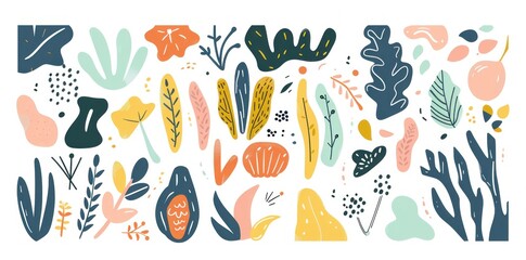 Abstract colorful botanical illustrations featuring various shapes, leaves, and plants, creating a vibrant natural pattern. Ideal for creative design projects.
