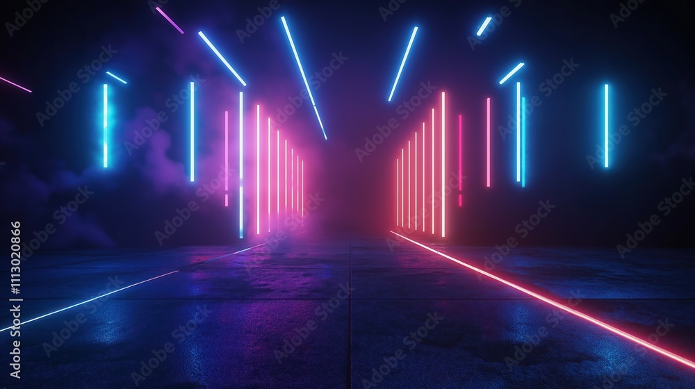 Aufkleber Empty space tech scene under neon lights. Colorful geometric lines illuminate dark night. Futuristic design. Virtual reality style. Dark studio interior. Abstract pattern. Mock-up background.