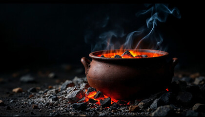 A rustic clay pot with flickering flames, glowing embers, and wisps of smoke.