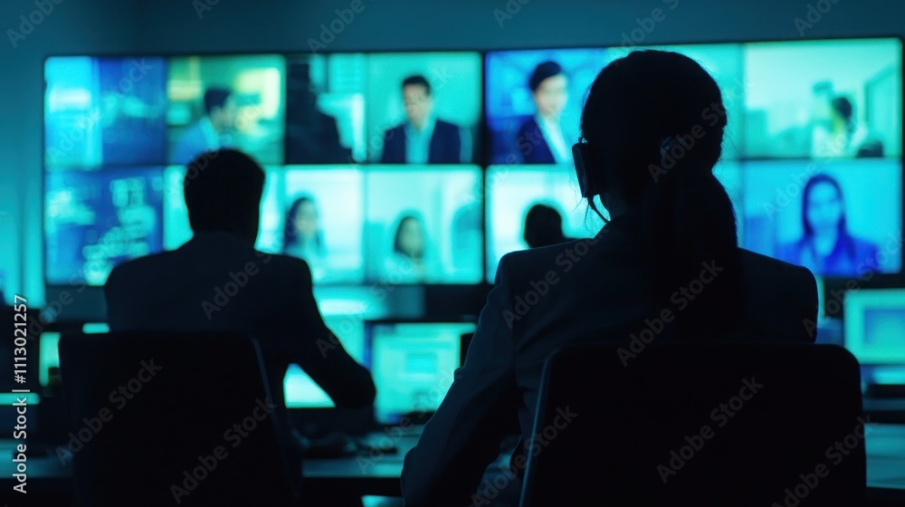 Aufkleber a control room with individuals monitoring multiple screens displaying various professionals.