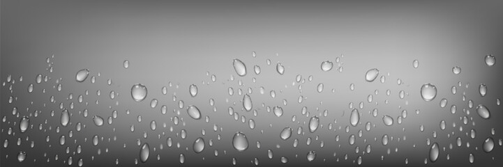 Drops of water on grey background. Vector. Isolated set of transperent water drops. Scattered and spritz splash raindrops