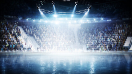 Ice background. Stage ice podium with smoke, people and spotlights. Theatre show. Beautiful blue smooth ice. Realistic ice background. Reflection. Winter background