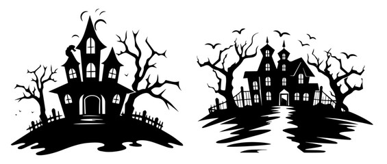 spooky halloween houses in monochrome sketch style black vector art