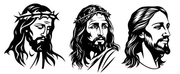 hand-drawn portrait of jesus christ in sorrow, monochrome line art