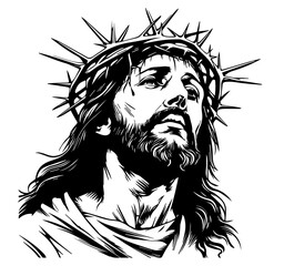 hand-drawn portrait of jesus christ in sorrow, monochrome line art