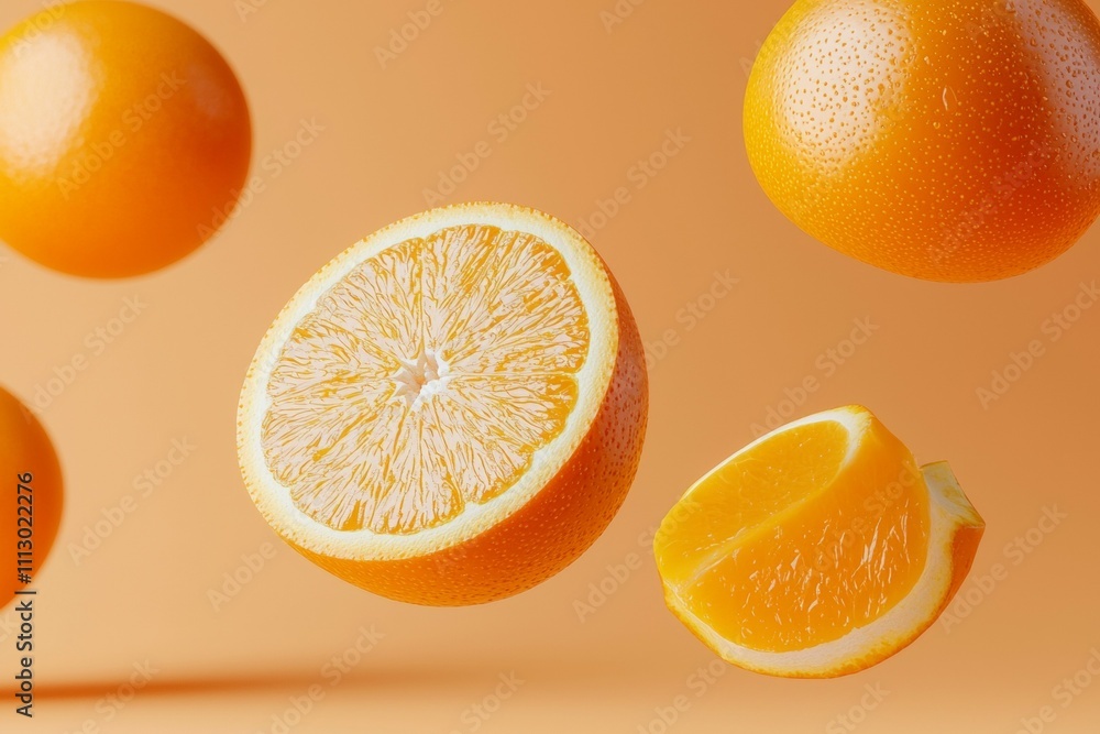 Poster a close up of an orange with a slice missing