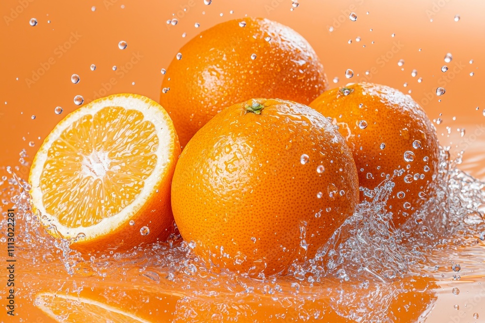 Poster a close up of four oranges with one of them cut open