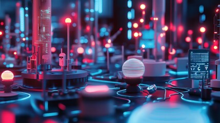 Futuristic technological cityscape with glowing red and blue lights, intricate details, and a spherical object in the center.