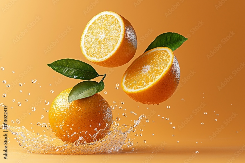 Poster three oranges are floating in the air with water splashing around them