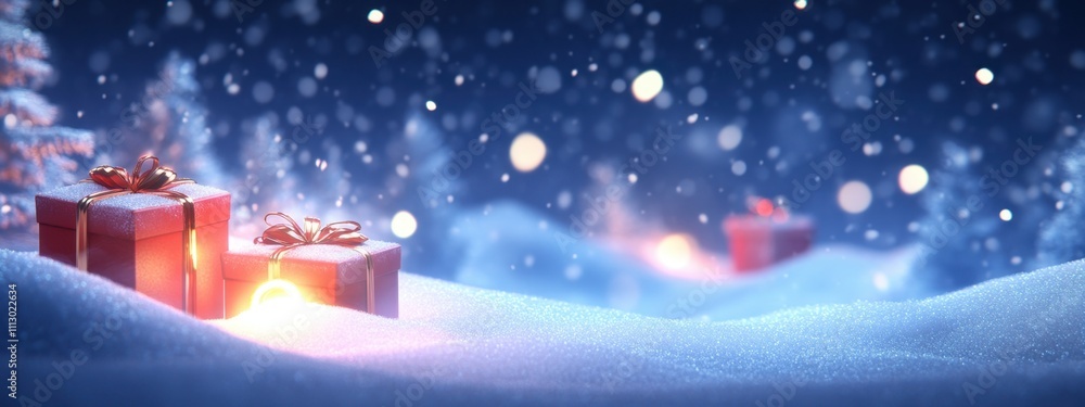 Poster a background with white snow and red gift boxes on the left, a glowing light in front of them illumi