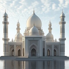 Fototapeta premium Grand white mosque structure stands on water reflecting sky. Ornate architectural details. Islamic style architecture. Stunning design. Modern mosque. Peaceful scene. Architectural marvel. Religious
