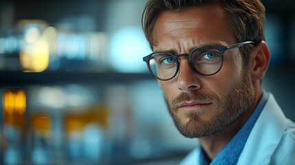 Obraz premium A researcher in a white lab coat and glasses is conducting experiments in a laboratory, focused on finding a cancer cure, highlighting the intersection of science and health.