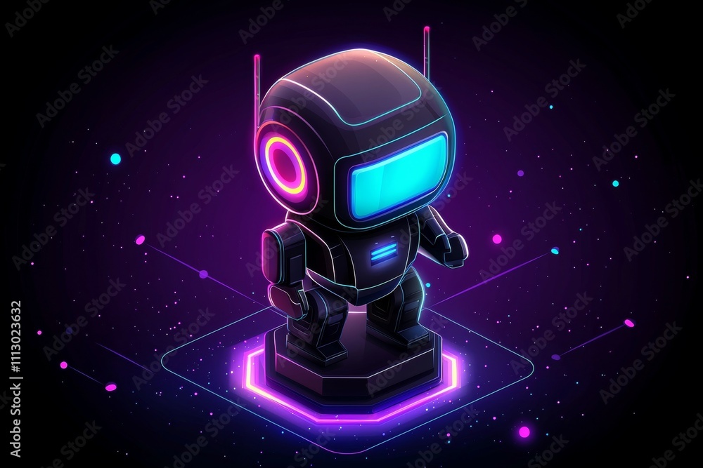 Poster a robot is standing on a platform with a blue screen on its head