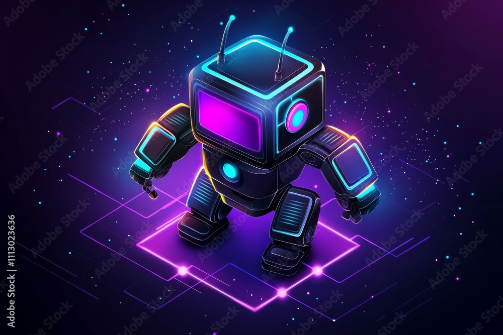 Poster a robot is standing on a black background with a purple and blue color scheme