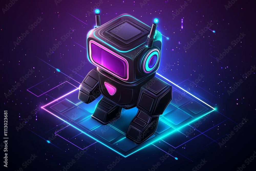Poster a robot is standing on a blue background with a purple and green color scheme