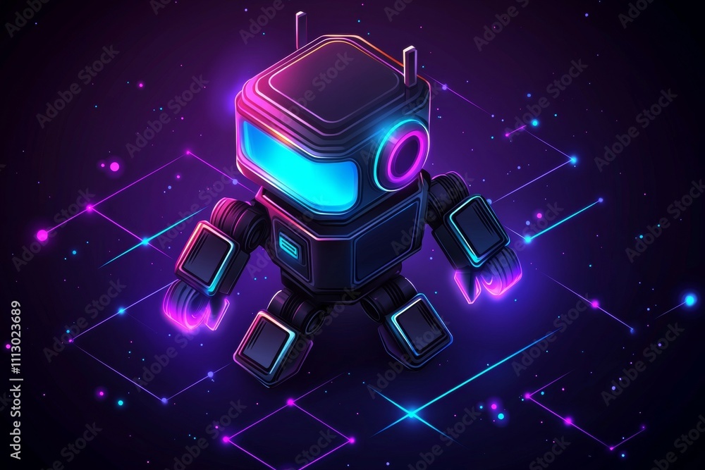 Poster a robot is standing on a black background with a purple and blue color scheme