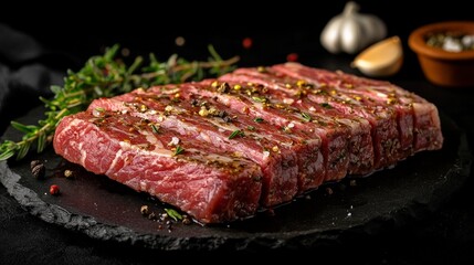 A platter of marbled beef ribs garnished with herbs and spices, ready for cooking.