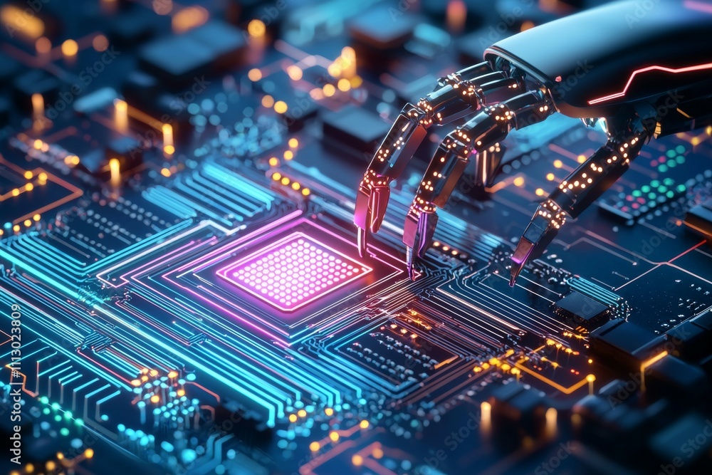 Poster a robot's hand is touching a computer chip