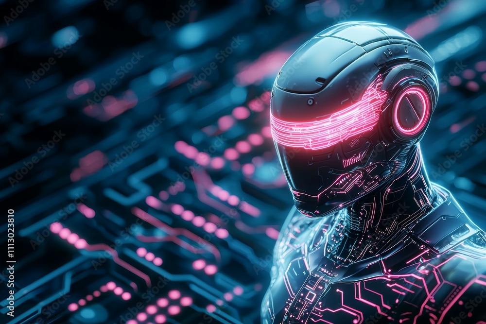 Poster a man with a glowing head is standing in front of a computer screen