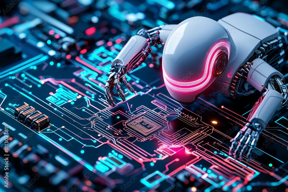 Poster a robot is crawling on a circuit board