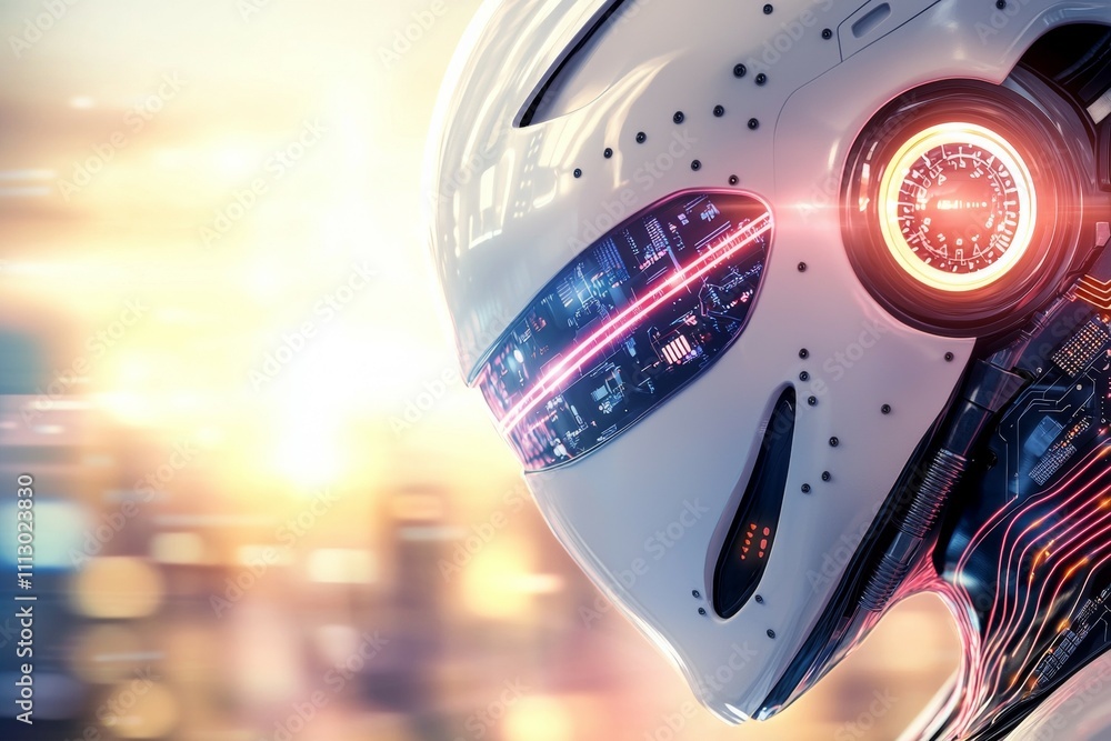 Poster a robot head with a glowing face and a digital clock on its forehead