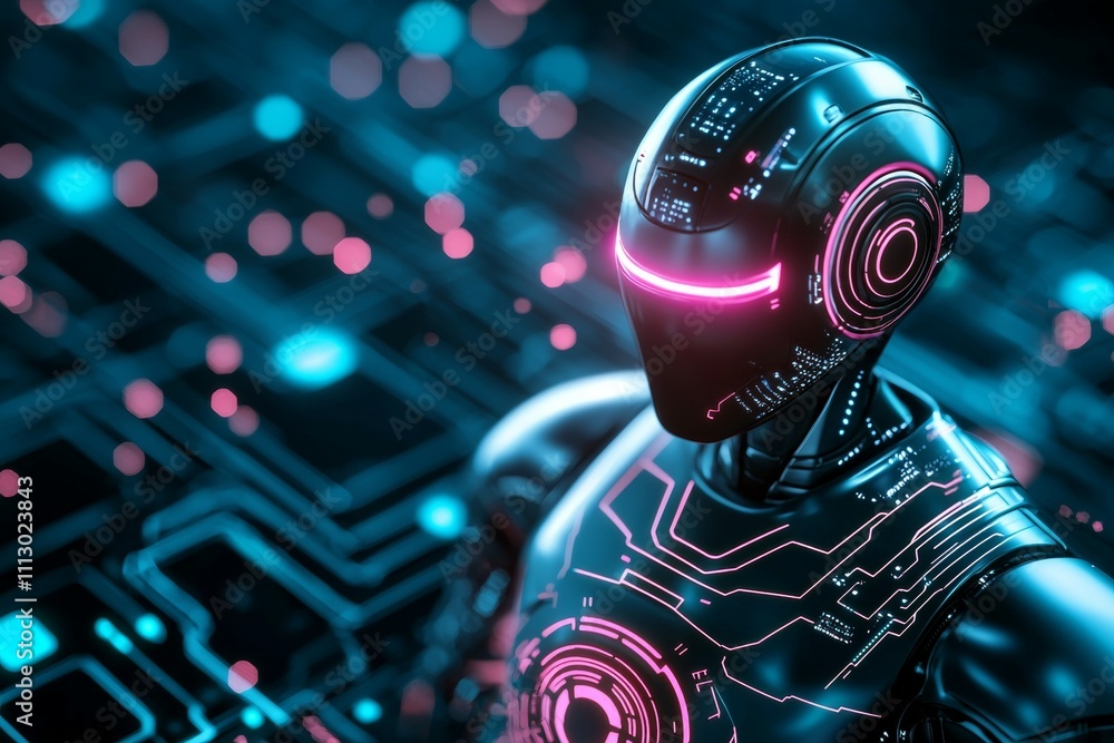 Poster a robot with a glowing head and a glowing body is standing on a computer screen
