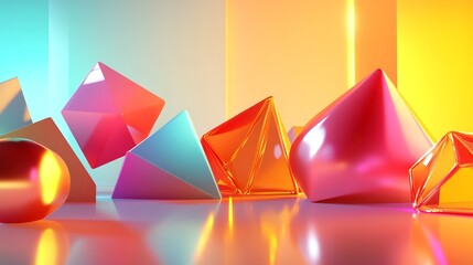 Colorful geometric shapes in a vibrant, neon-lit studio.