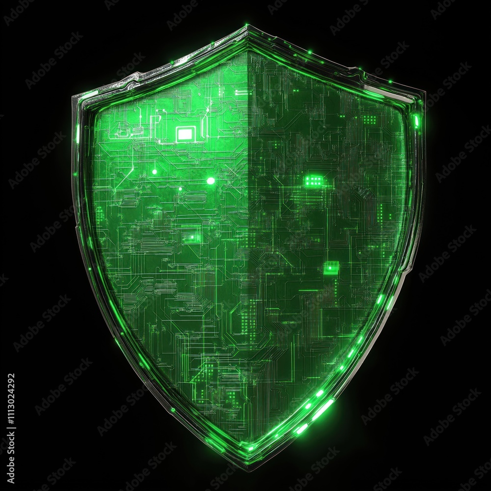 Poster Green tech shield design protects digital data. Cyber security concept. Advanced digital defense system. Strong tech protection. Secure data illustration. Modern cyber shield. Digital safety