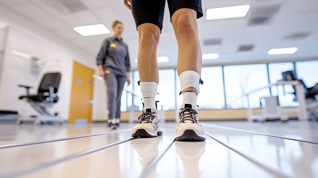 Patient with a bandaged ankle practicing walking on a set of parallel bars in a physical therapy room, with determination on their face and a therapist encouraging them