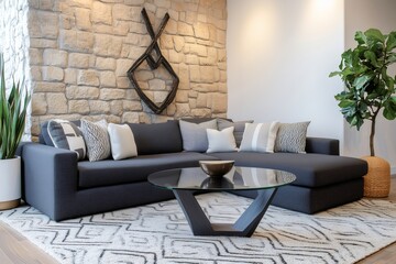 Modern living room interior design showcasing stone wall and stylish furniture