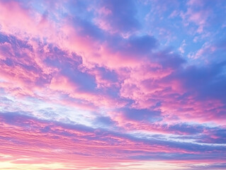 Naklejka premium Vibrant sunset sky filled with pink and purple clouds over a tranquil landscape in evening light
