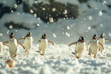A group of playful penguins waddling through a snowy landscape, creating a lively scene.