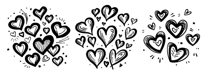 hand-drawn hearts with decorative details in black vector illustration