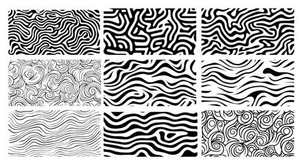 abstract black and white seamless patterns collection in hand-drawn style vector