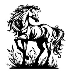 elegant horses in dynamic poses hand-drawn in black vector illustration