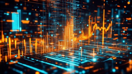 cityscape at night with glowing data lines and financial charts overlaid, representing the concept of a thriving financial market and investment opportunities