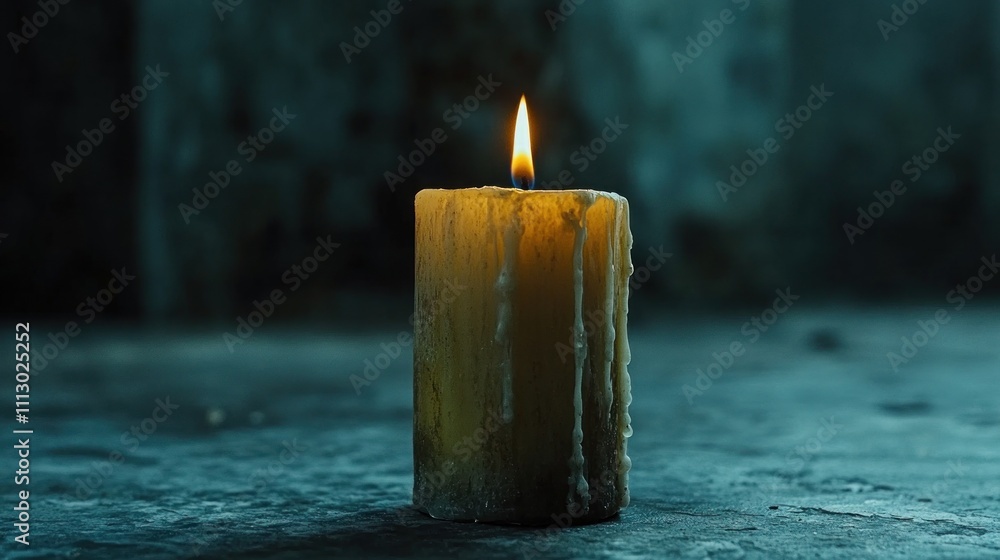 Poster a lit candle with wax drippings on a textured surface, creating a moody atmosphere.