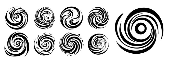 collection of abstract vortex shapes in black and white graphic design