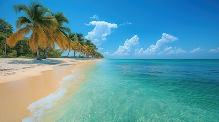 Fototapeta premium Serene tropical beach scene with calm turquoise water. Palm trees line the shore. Soft light and clear blue sky. Peaceful scene ideal for relaxation or vacation.