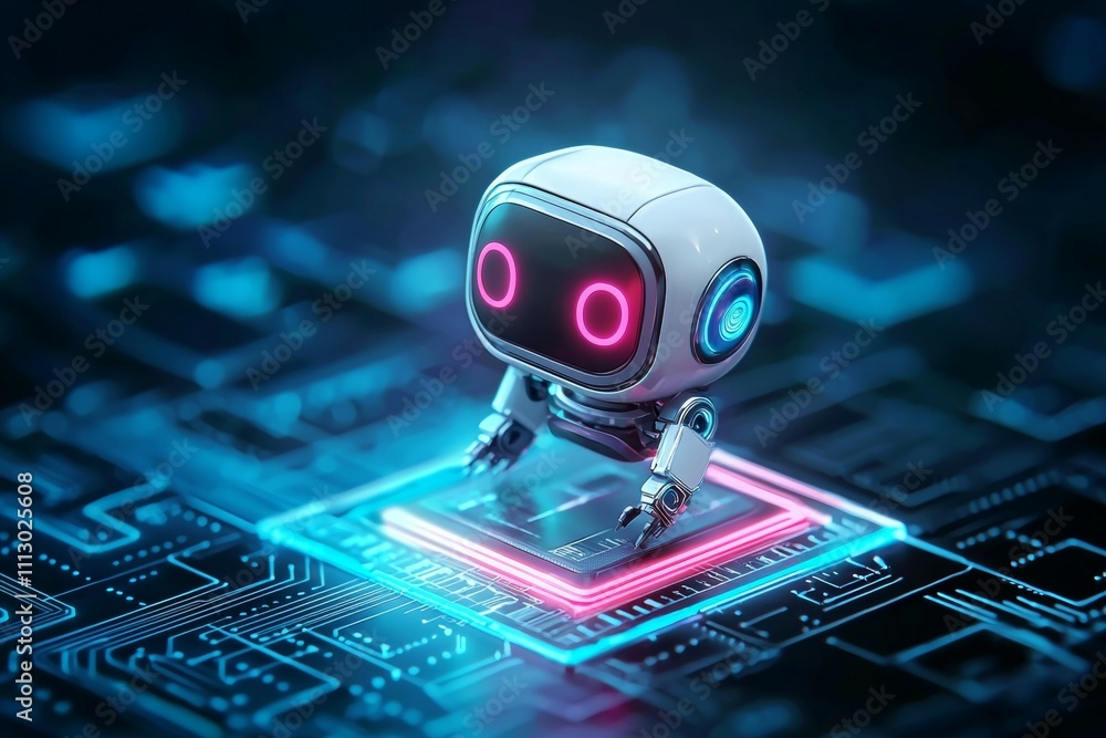 Poster a robot is standing on a computer chip