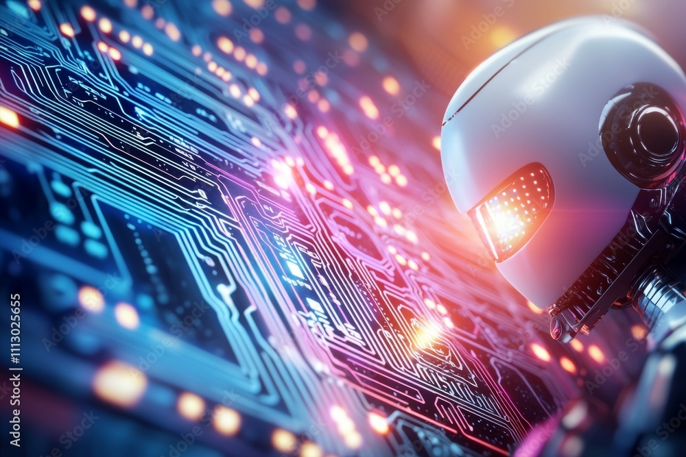 Poster a robot is standing on a circuit board with a bright light on its head