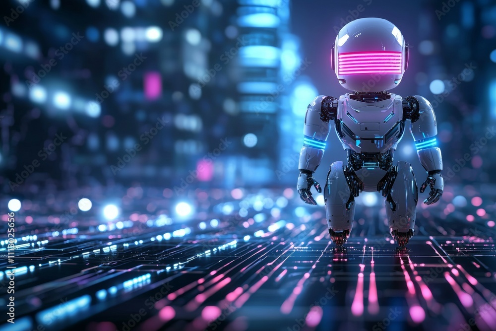 Poster a robot is standing on a computer screen with a neon light on its head
