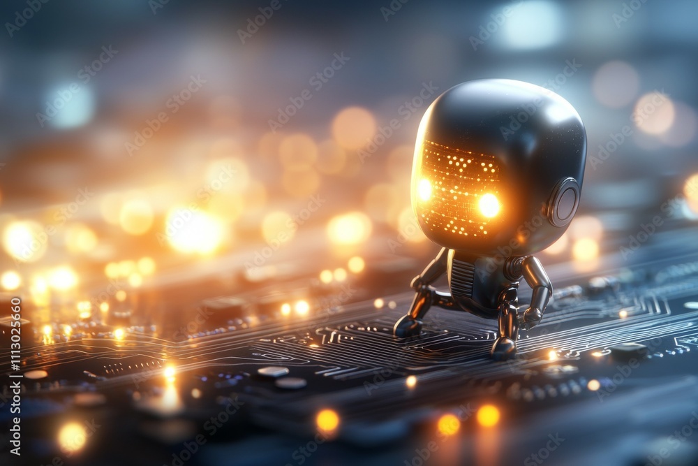 Poster a robot is standing on a circuit board with a bright light shining on it