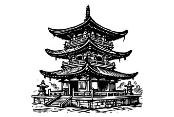 Fototapeta premium historic japanese architecture and cherry blossoms hand-drawn black vector