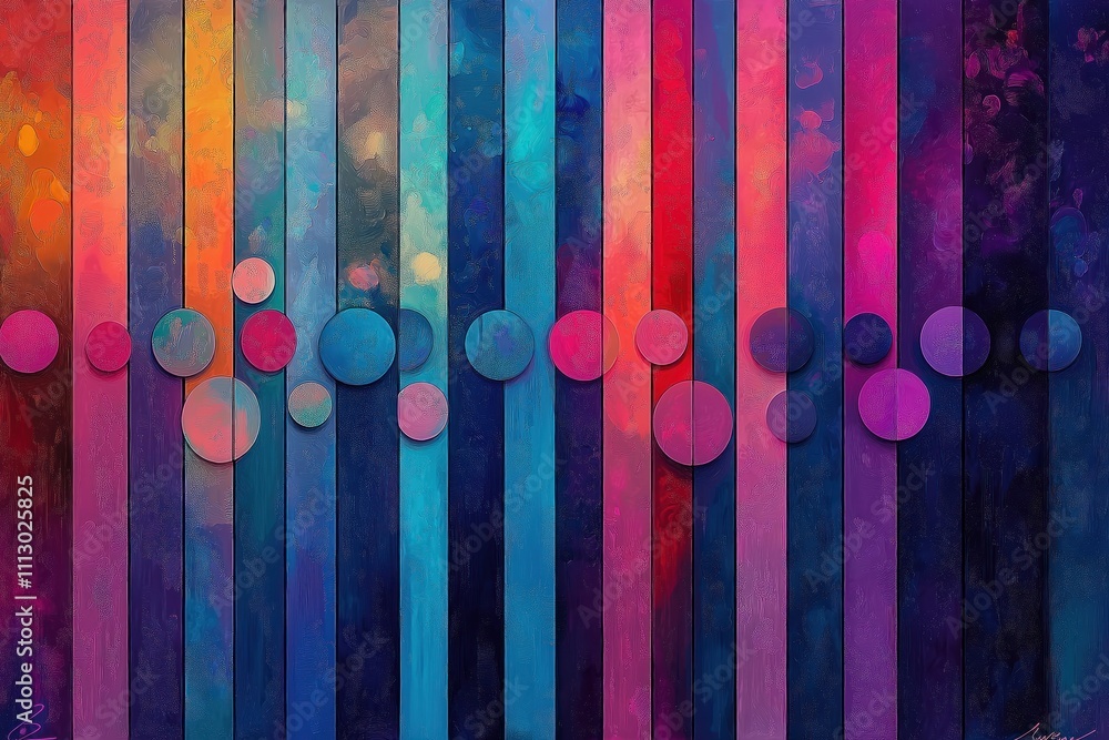 Poster colorful abstract art with vertical stripes of varying hues. circular shapes in various shades add d